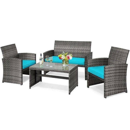 4 Piece Patio Rattan Furniture Set �� Turquoise