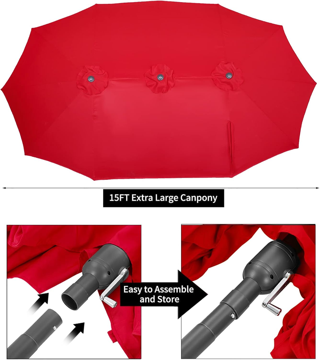 15ft Patio Umbrella with Solar Lights, Large Double Umbrella Outdoor, Rectangle 180''x106'' Umbrellas with 156 PCS LED Lights and Crank Handle for Backyard Deck Pool Shade in Black(1.9" Pole)