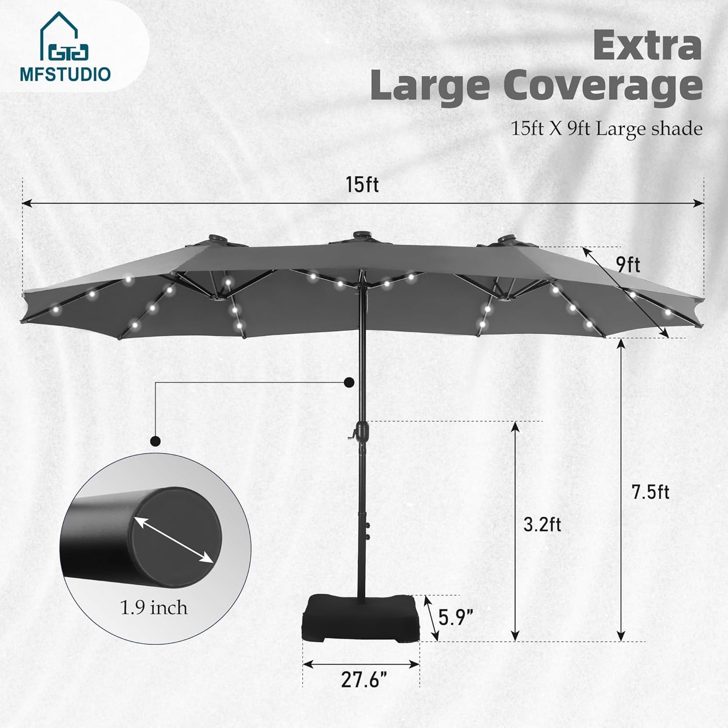 15ft Double Sided Patio Umbrella with Solar Lights, Outdoor Large Umbrellas with Crank Handle and 36 LED Lights, Rectangular Market Umbrella with Base Included for Deck Pool Shade