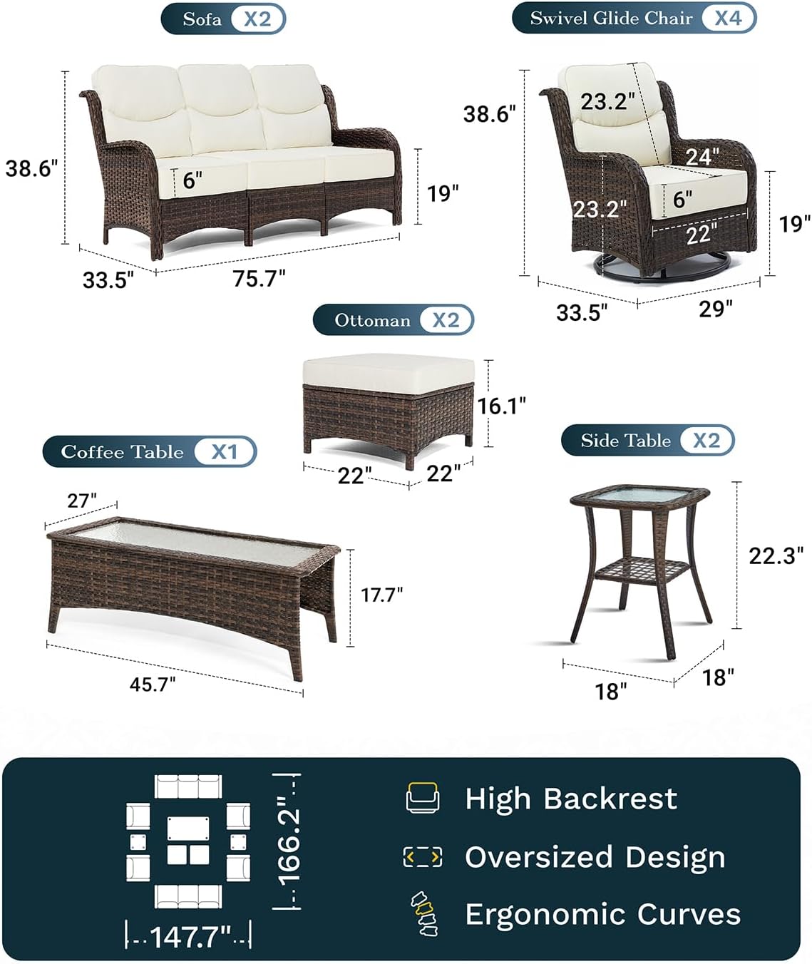 Outdoor Swivel Rocker Patio Chairs with 6-Inch Thick Cushions and Side Table, 3PCS High Back Wicker Patio Furniture Set for Porch, Balcony, Deck and Yard in Blue