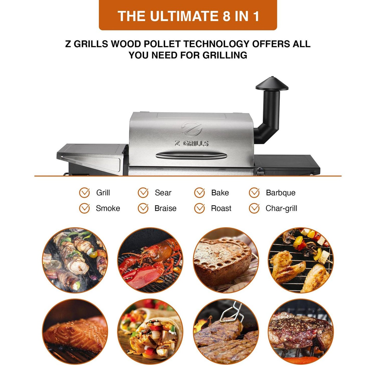ZPG-600D3E 8-in-1 Pellet Grill & Smoker, 572 sq.in., Porcelain-Coated Steel, Smoke Color