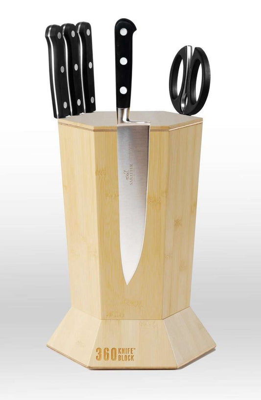 360 Knife Block �� Blonde Bamboo ROTATING �� Magnetic �� BEST Universal Knife Block