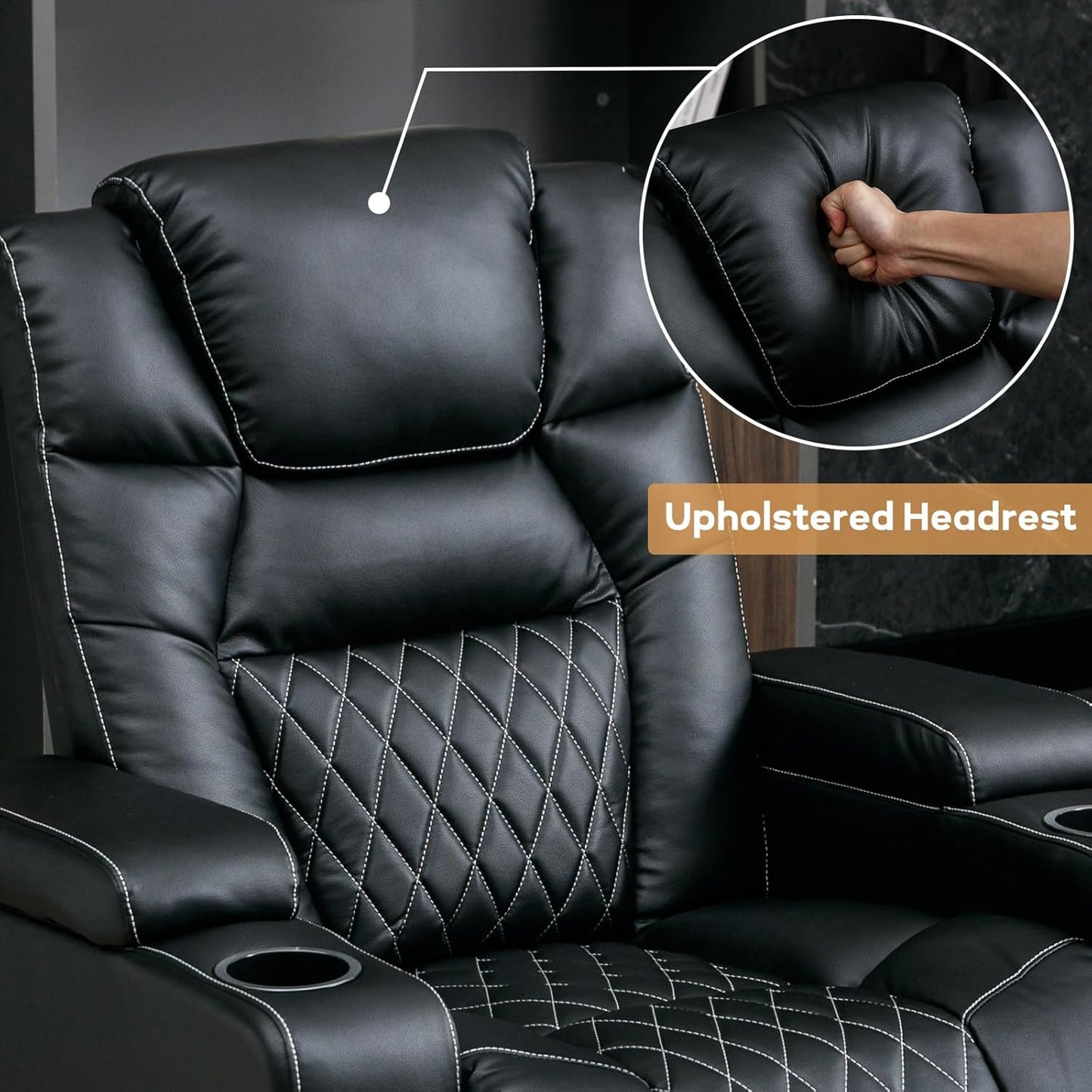 Power Home Theater Seating Set of 3, Brown Faux Leather Electric Recliner Chair with Powered Headrest, Dual Motors Movie Reclining Chairs with LED Lights,USB Port,Cup Holders, Hidden Arm Storage