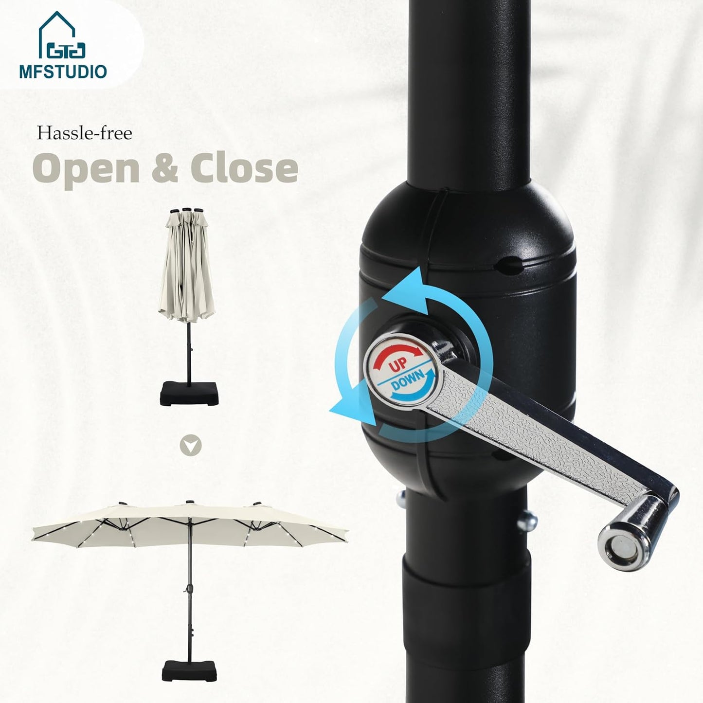 15ft Double Sided Patio Umbrella with Solar Lights, Outdoor Large Umbrellas with Crank Handle and 36 LED Lights, Rectangular Market Umbrella with Base Included for Deck Pool Shade