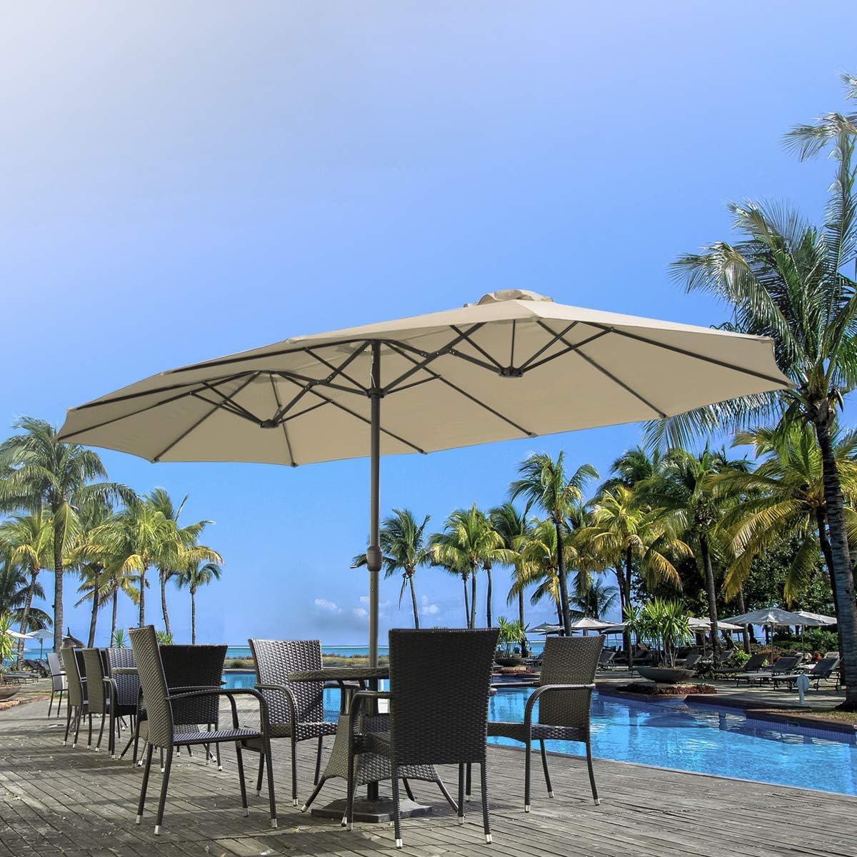 15ft Patio Umbrella with Solar Lights, Large Double Umbrella Outdoor, Rectangle 180''x106'' Umbrellas with 156 PCS LED Lights and Crank Handle for Backyard Deck Pool Shade in Black(1.9" Pole)