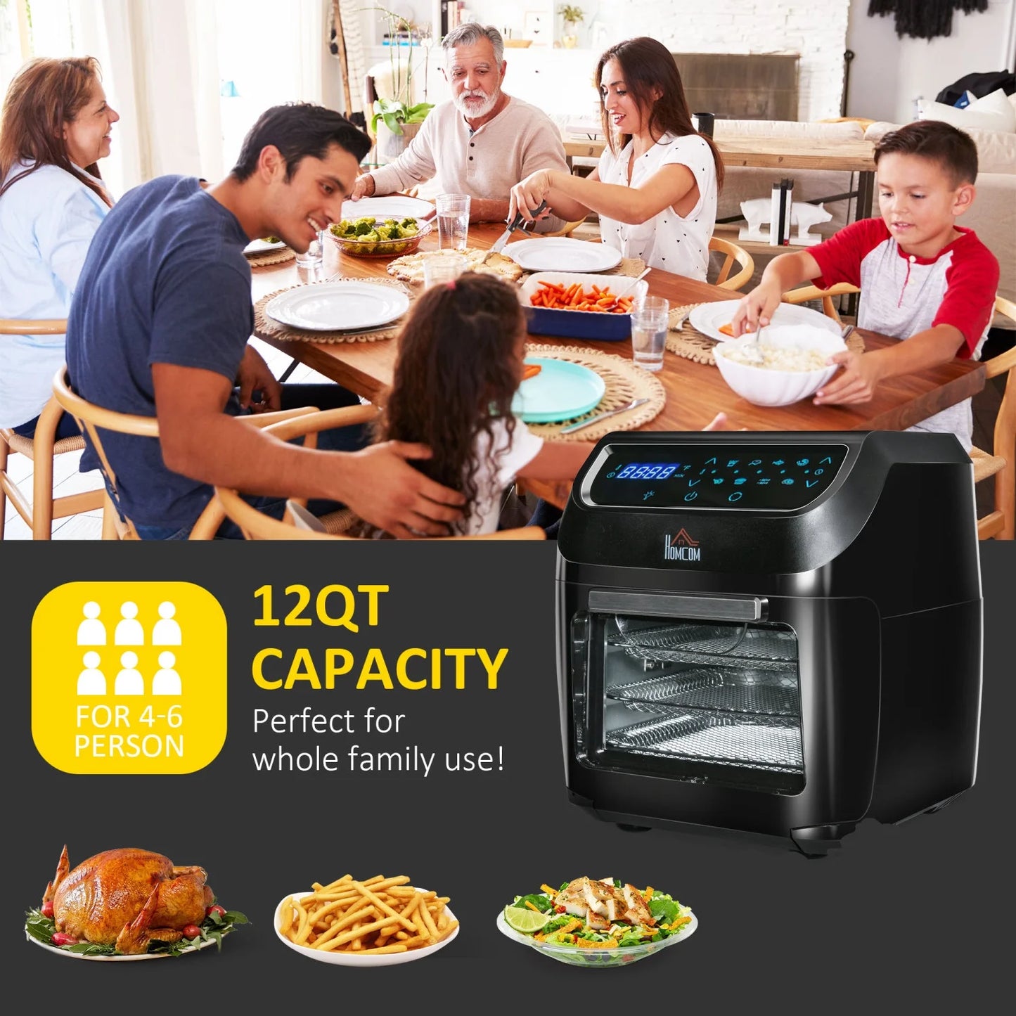 12QT Air Fryer Oven Combo, 8-in-1, 1700W, LED Display, Black, Includes Accessories