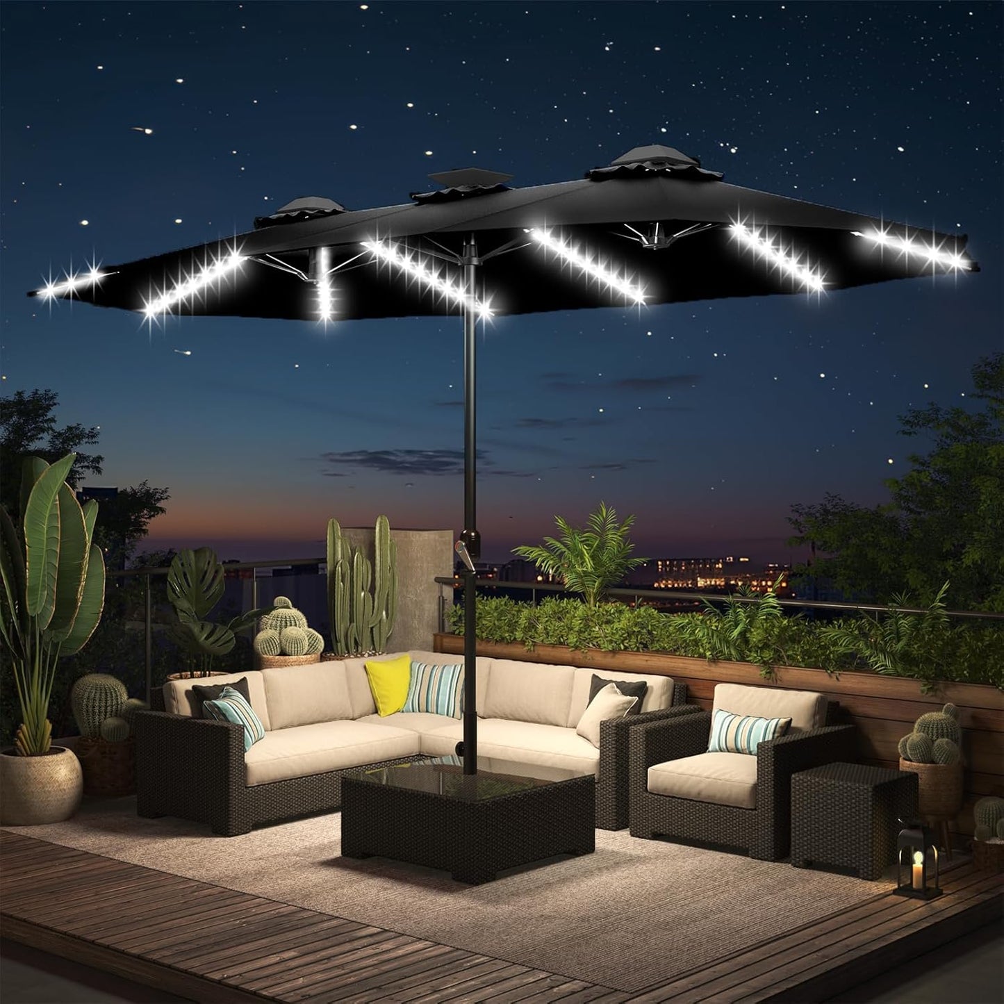 15ft Patio Umbrella with Solar Lights, Large Double Umbrella Outdoor, Rectangle 180''x106'' Umbrellas with 156 PCS LED Lights and Crank Handle for Backyard Deck Pool Shade in Black(1.9" Pole)