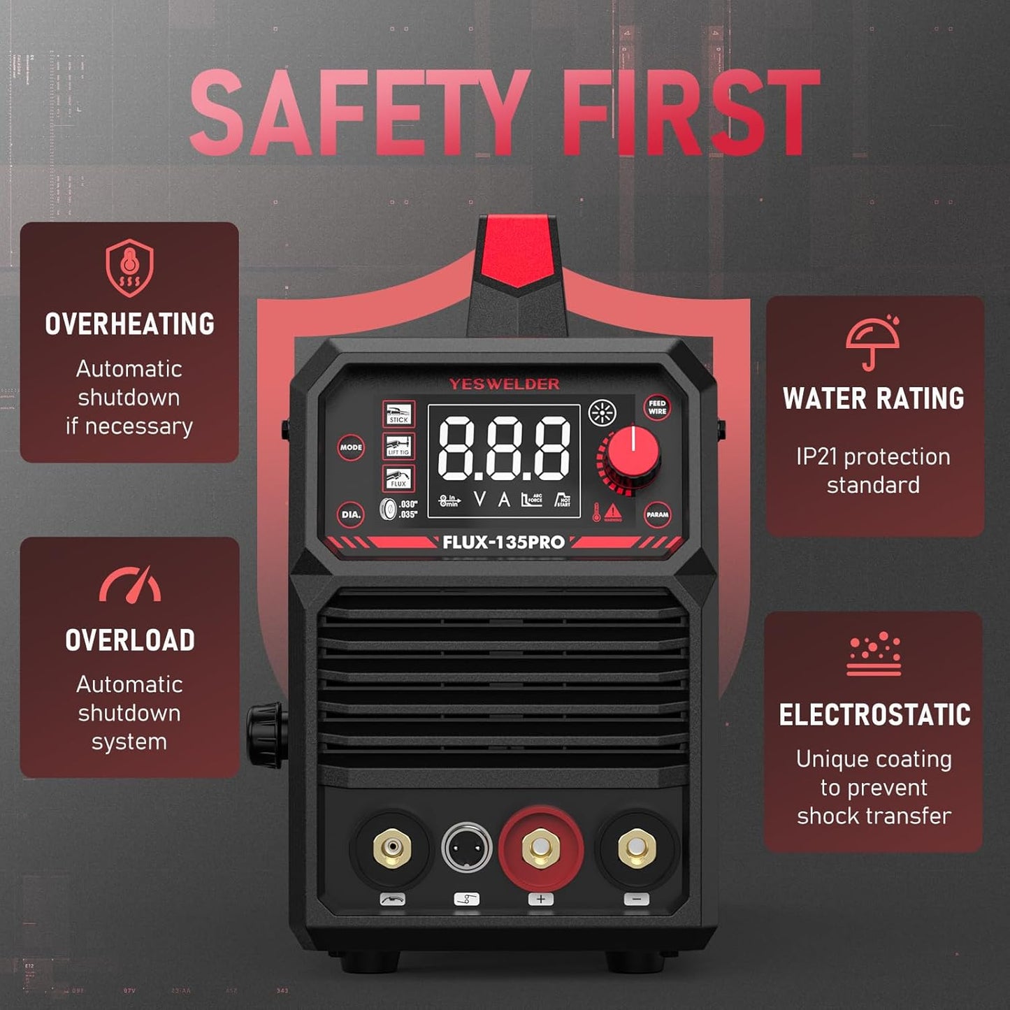 135Amp MIG Welder,110V Flux Core Welder Flux MIG/Lift TIG/Stick 3-in-1 Large LED Digital Display Welding Machine IGBT Inverter Welder FLUX-135PRO