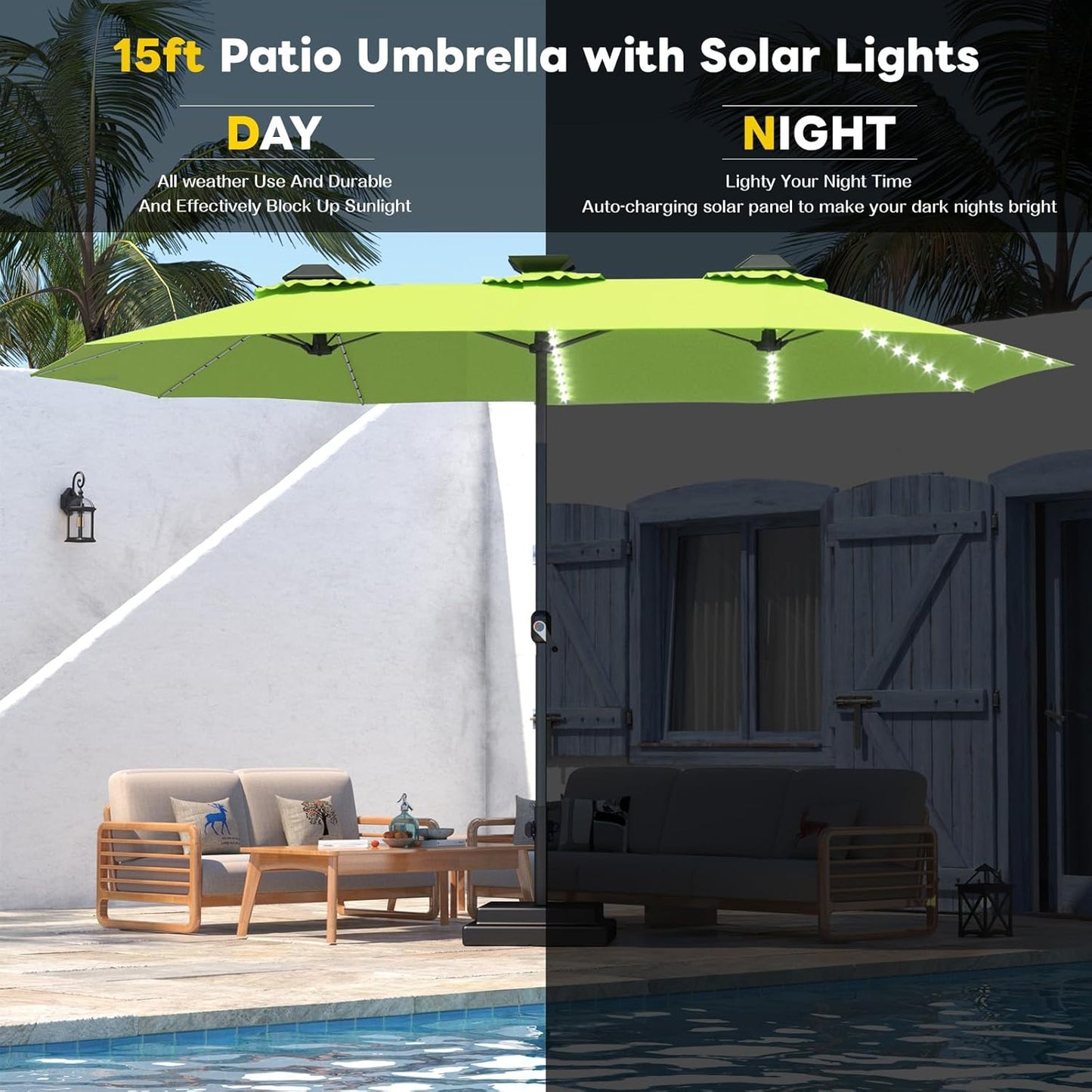 15ft Patio Umbrella with Solar Lights, Large Double Umbrella Outdoor, Rectangle 180''x106'' Umbrellas with 156 PCS LED Lights and Crank Handle for Backyard Deck Pool Shade in Black(1.9" Pole)