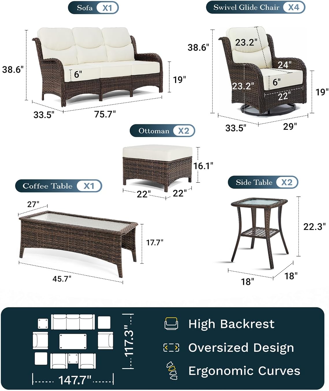 Outdoor Swivel Rocker Patio Chairs with 6-Inch Thick Cushions and Side Table, 3PCS High Back Wicker Patio Furniture Set for Porch, Balcony, Deck and Yard in Blue