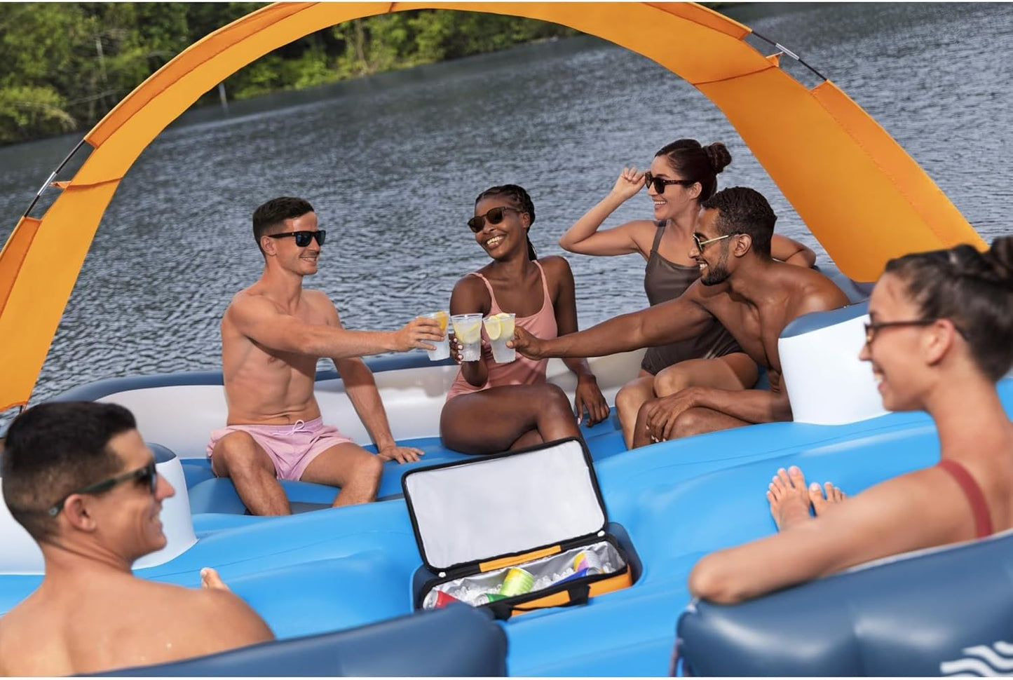 Tropical Breeze 6 Person Inflatable Party Island Large Relaxing Water Float with Detachable Sunshade and Cooler Bag