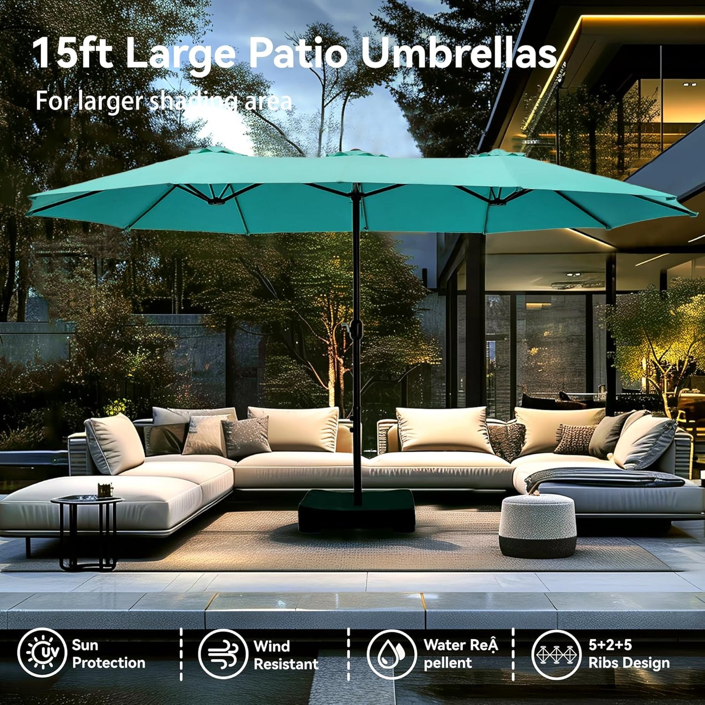 15ft Patio Umbrella Double-Sided Outdoor Market Extra Large Umbrella with Crank, Umbrella Base Included (Dark Red)