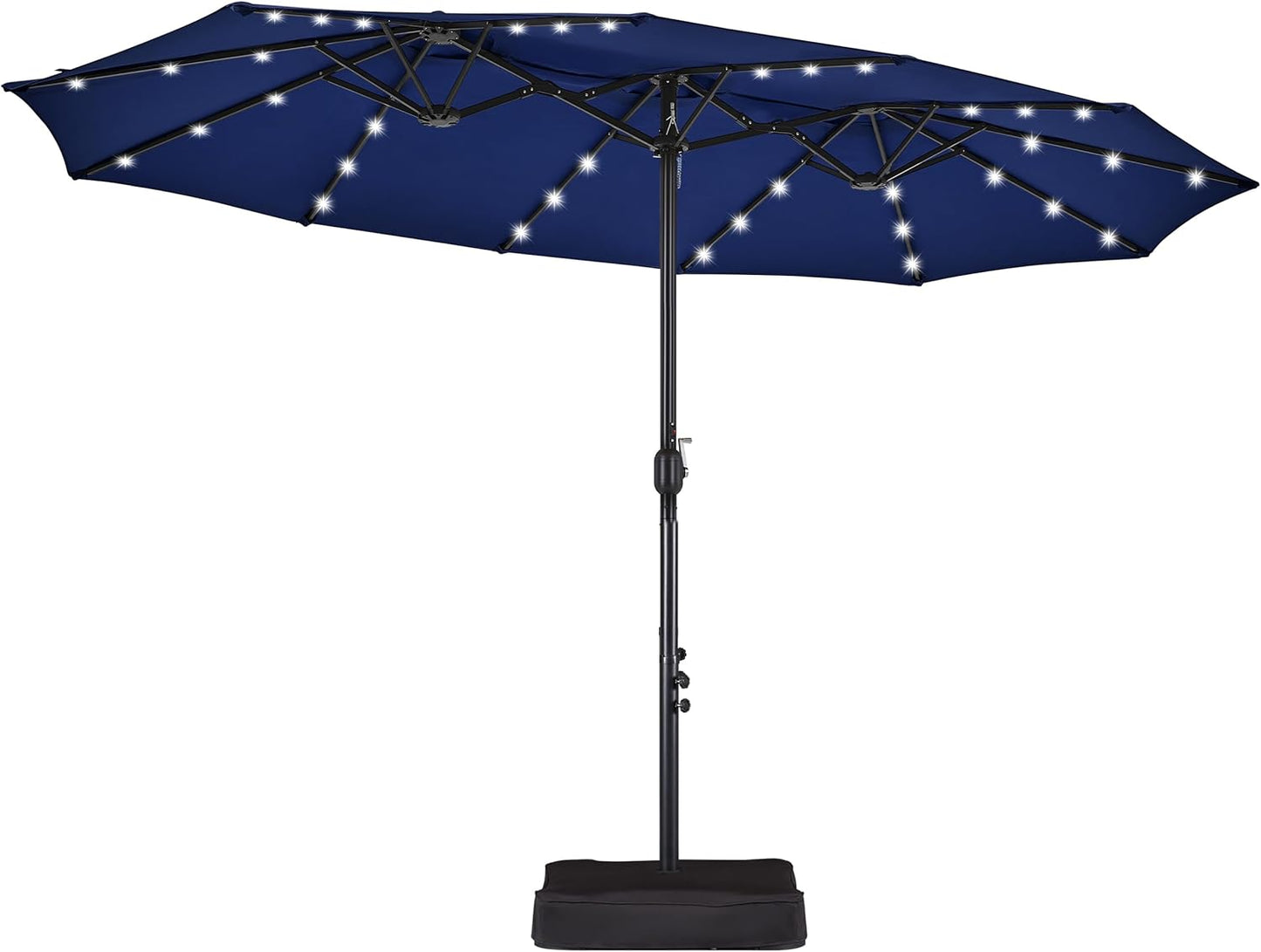 15 ft Large Patio Umbrella with Solar Lights Double-Sided Outdoor Rectangle Market Umbrellas with 36 LED Lights/Base Included/Easy Crank for Patio Garden Yard Pool Lawn, Brown
