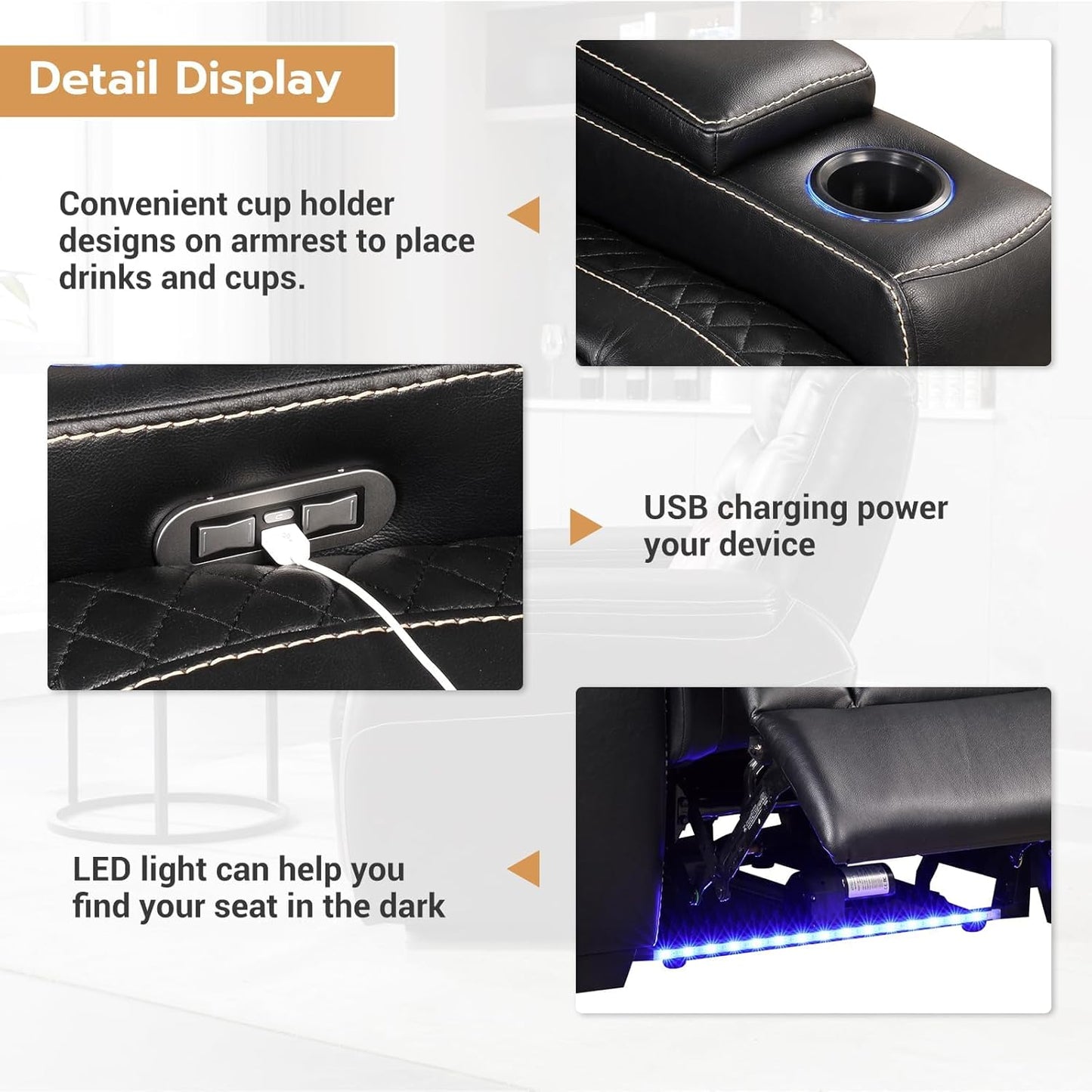 Power Home Theater Seating Set of 3, Brown Faux Leather Electric Recliner Chair with Powered Headrest, Dual Motors Movie Reclining Chairs with LED Lights,USB Port,Cup Holders, Hidden Arm Storage