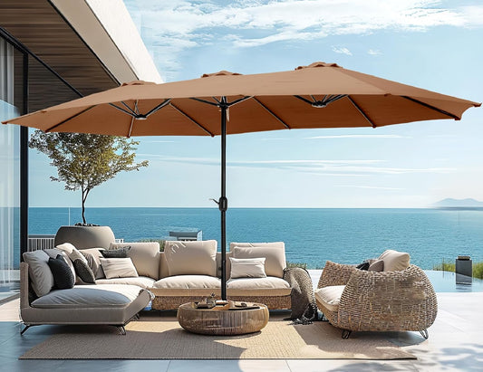 15ft Patio Umbrella Double-Sided Outdoor Market Extra Large Umbrella with Crank, Umbrella Base Included (Dark Red)