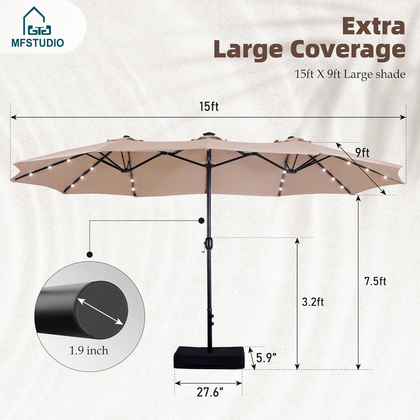 15ft Double Sided Patio Umbrella with Solar Lights, Outdoor Large Umbrellas with Crank Handle and 36 LED Lights, Rectangular Market Umbrella with Base Included for Deck Pool Shade