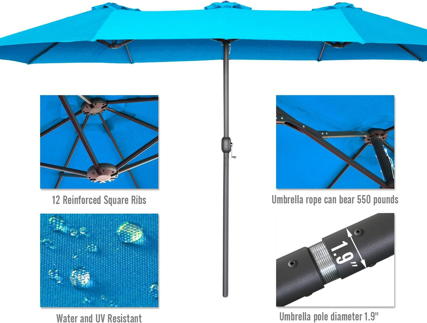 15ft Patio Umbrella with Solar Lights, Large Double Umbrella Outdoor, Rectangle 180''x106'' Umbrellas with 156 PCS LED Lights and Crank Handle for Backyard Deck Pool Shade in Black(1.9" Pole)