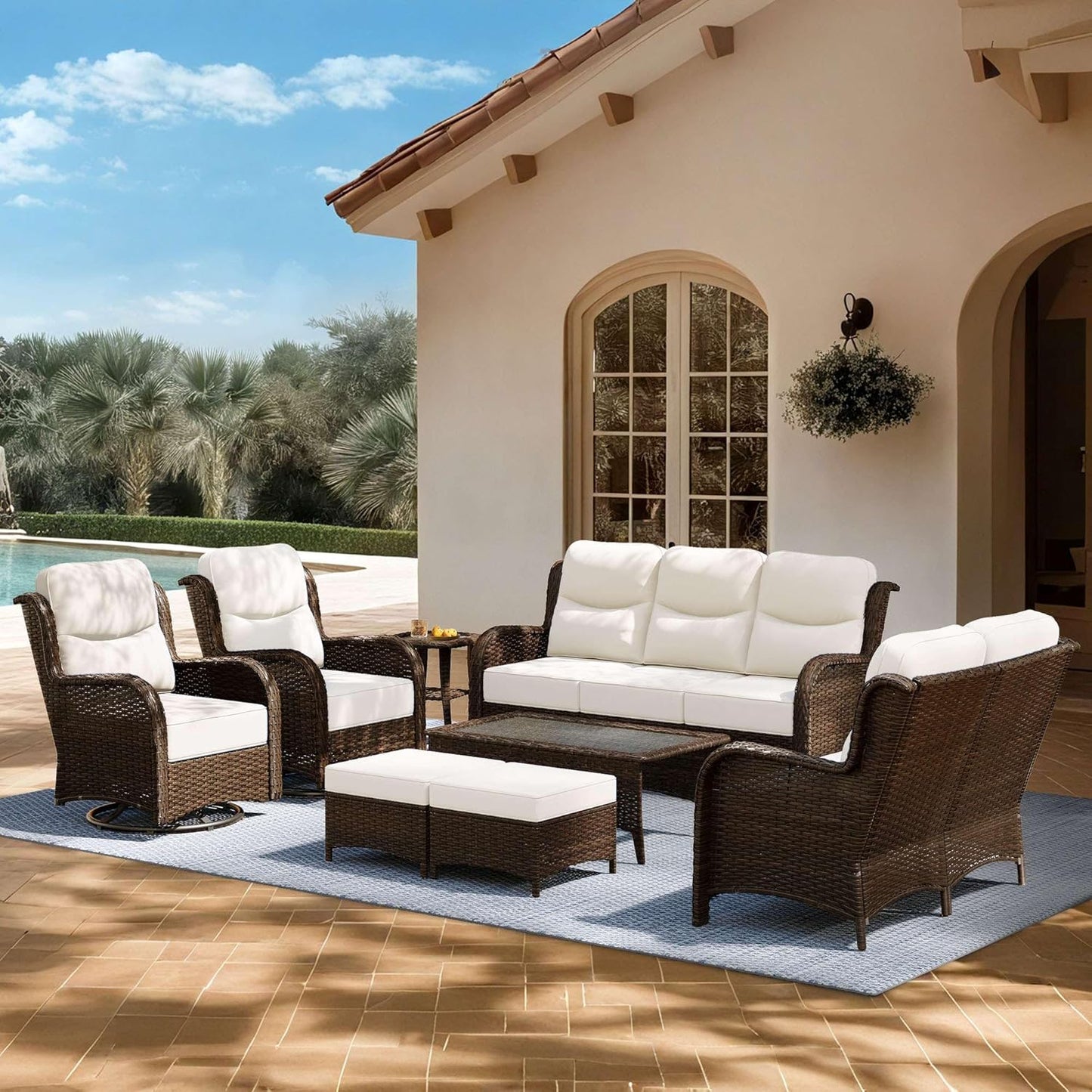 Outdoor Swivel Rocker Patio Chairs with 6-Inch Thick Cushions and Side Table, 3PCS High Back Wicker Patio Furniture Set for Porch, Balcony, Deck and Yard in Blue