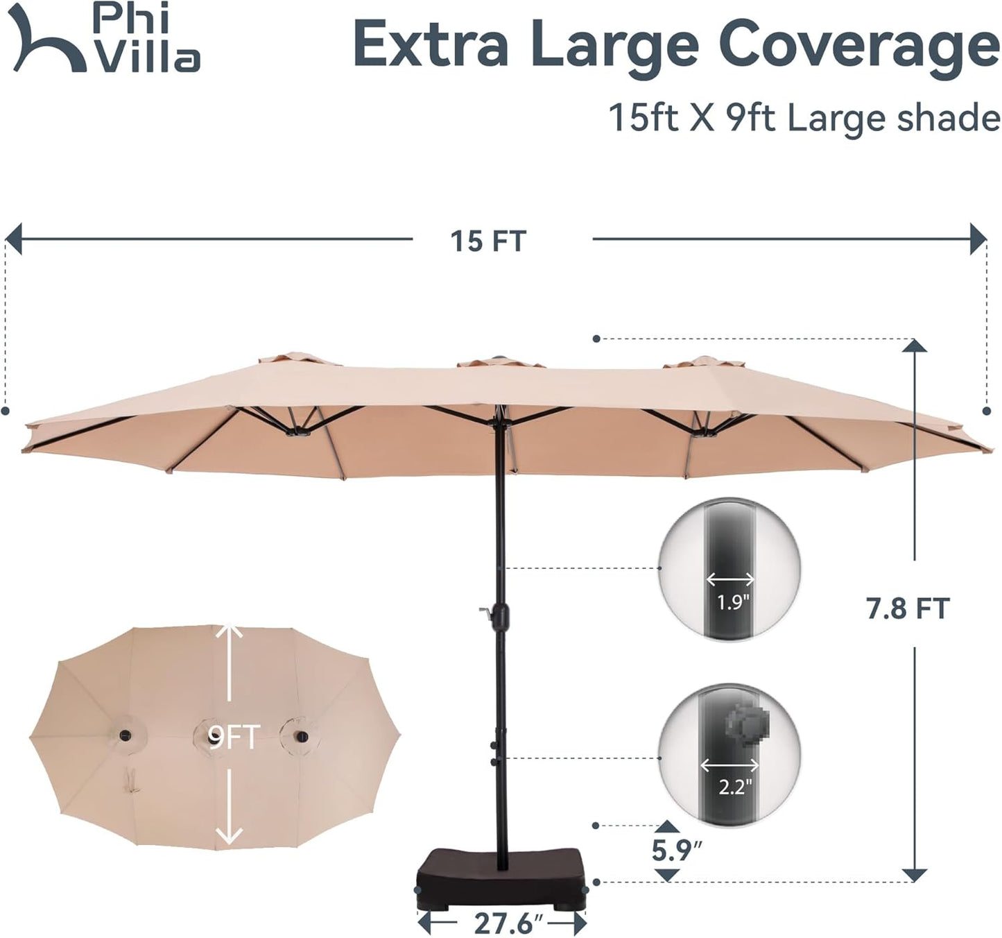15ft Patio Umbrella Double-Sided Outdoor Market Extra Large Umbrella with Crank, Umbrella Base Included (Dark Red)