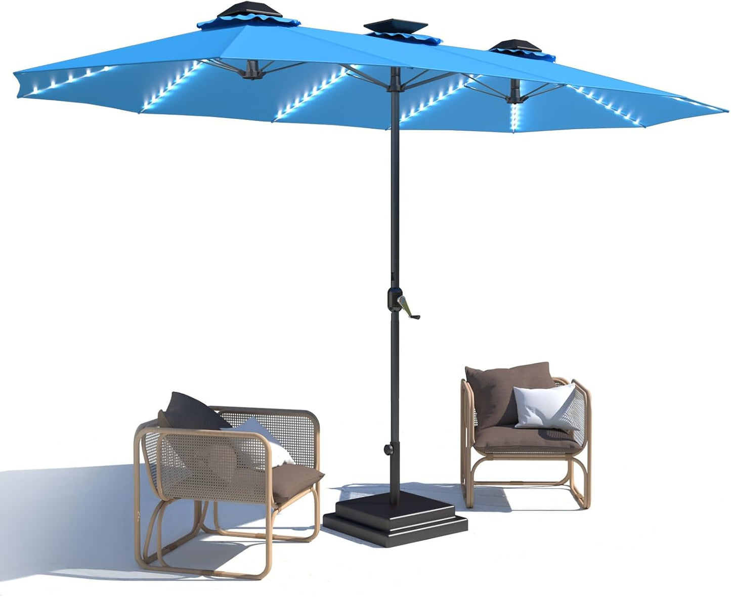 15ft Patio Umbrella with Solar Lights, Large Double Umbrella Outdoor, Rectangle 180''x106'' Umbrellas with 156 PCS LED Lights and Crank Handle for Backyard Deck Pool Shade in Black(1.9" Pole)