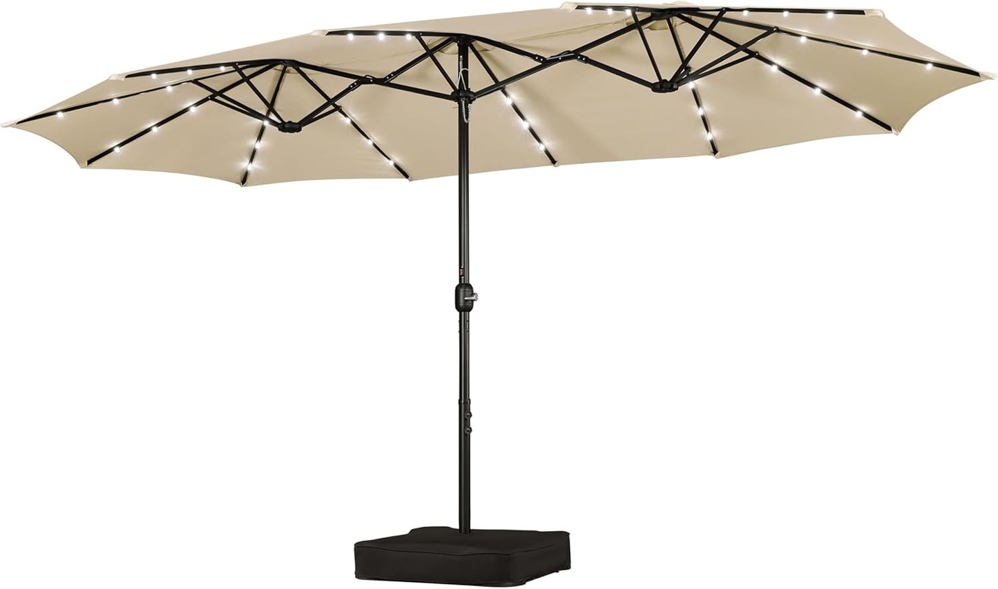 15 ft Large Patio Umbrella with Solar Lights Double-Sided Outdoor Rectangle Market Umbrellas with 36 LED Lights/Base Included/Easy Crank for Patio Garden Yard Pool Lawn, Brown
