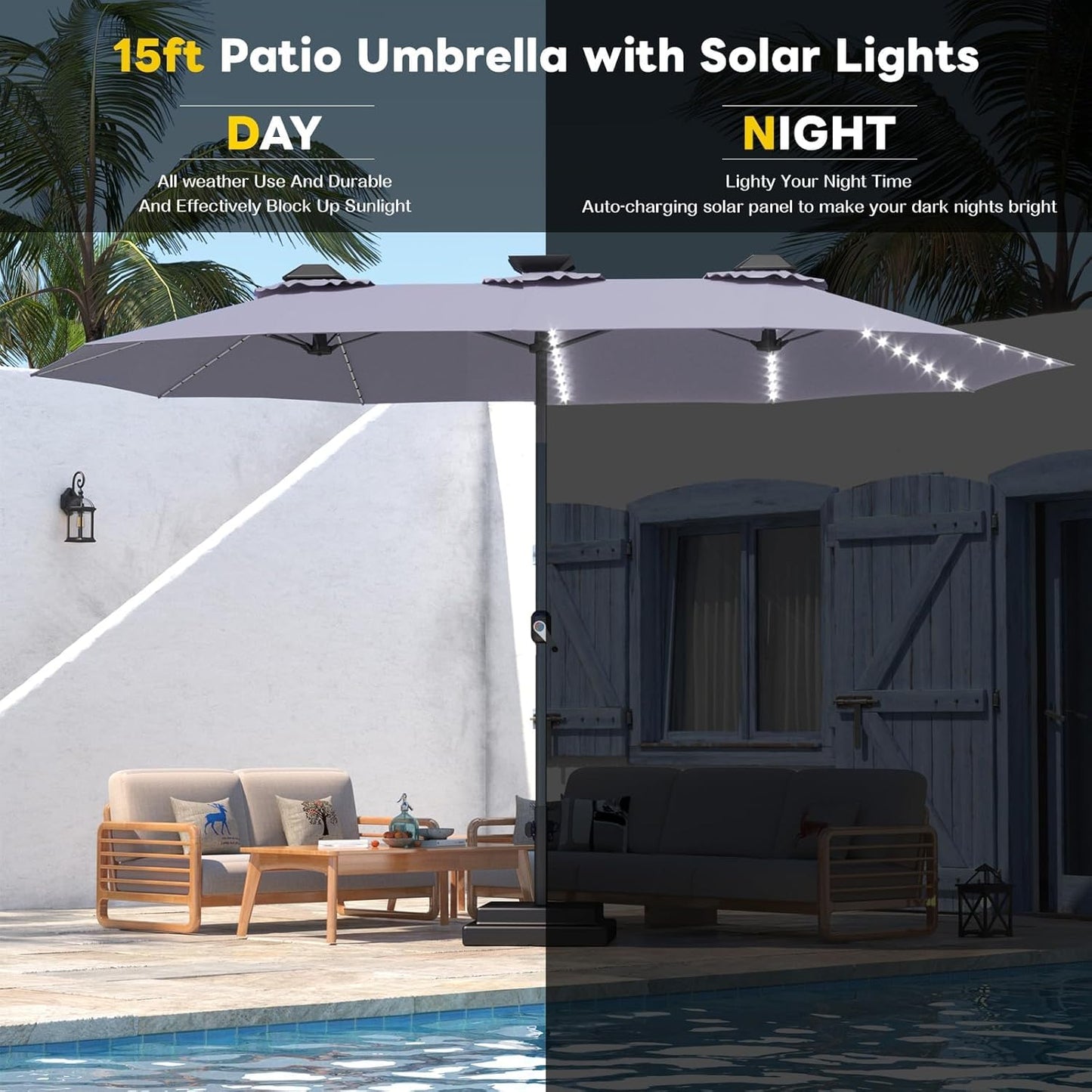 15ft Patio Umbrella with Solar Lights, Large Double Umbrella Outdoor, Rectangle 180''x106'' Umbrellas with 156 PCS LED Lights and Crank Handle for Backyard Deck Pool Shade in Black(1.9" Pole)