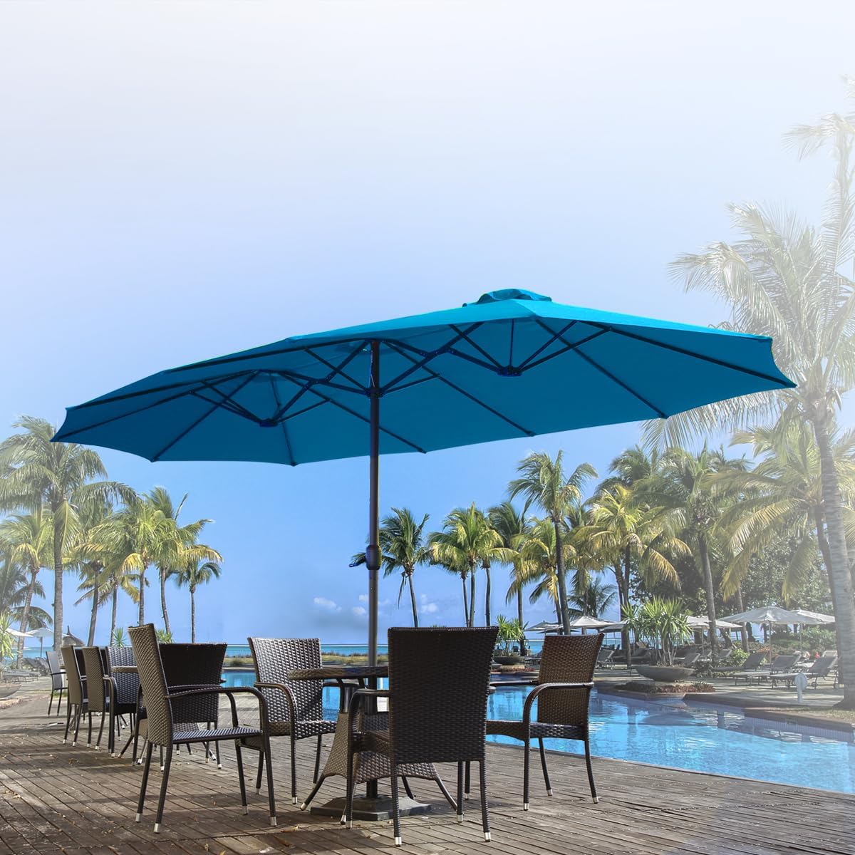 15ft Patio Umbrella with Solar Lights, Large Double Umbrella Outdoor, Rectangle 180''x106'' Umbrellas with 156 PCS LED Lights and Crank Handle for Backyard Deck Pool Shade in Black(1.9" Pole)