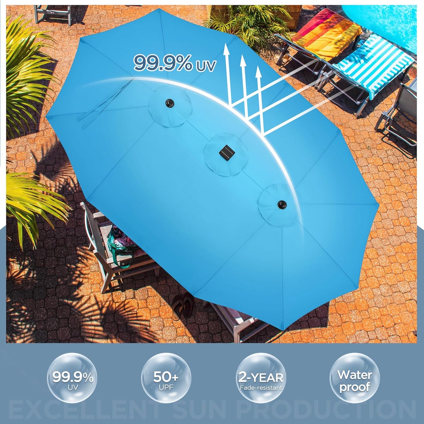 15 ft Large Patio Umbrella with Solar Lights Double-Sided Outdoor Rectangle Market Umbrellas with 36 LED Lights/Base Included/Easy Crank for Patio Garden Yard Pool Lawn, Brown