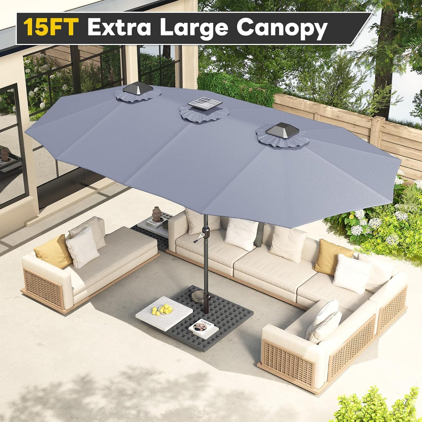 15ft Patio Umbrella with Solar Lights, Large Double Umbrella Outdoor, Rectangle 180''x106'' Umbrellas with 156 PCS LED Lights and Crank Handle for Backyard Deck Pool Shade in Black(1.9" Pole)