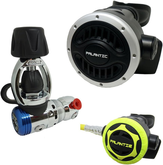 Palantic AS103 Yoke Regulator & Octopus Combo for Scuba Diving | High-Performance Over-Balanced Regulator, Silicone Mouthpiece, 27" Hose, Large Purge Button, 36" Yellow Octopus Hose