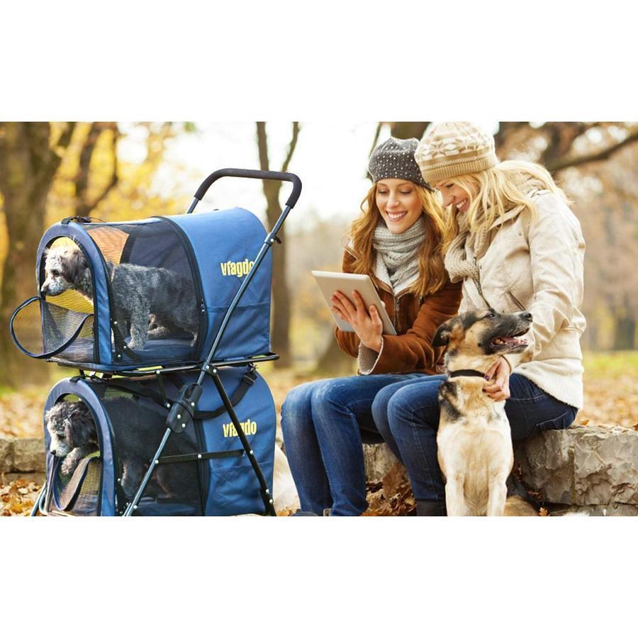 42 Double Pet Stroller for 2 Dogs & Cats,4 Wheels Dog Strollers Folding Travel Cat Stroller with Suspension System,Navy Blue