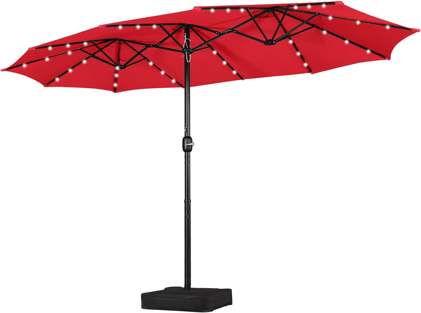 15 ft Large Patio Umbrella with Solar Lights Double-Sided Outdoor Rectangle Market Umbrellas with 36 LED Lights/Base Included/Easy Crank for Patio Garden Yard Pool Lawn, Brown
