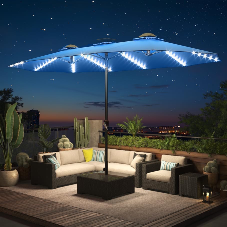15ft Patio Umbrella with Solar Lights, Large Double Umbrella Outdoor, Rectangle 180''x106'' Umbrellas with 156 PCS LED Lights and Crank Handle for Backyard Deck Pool Shade in Black(1.9" Pole)