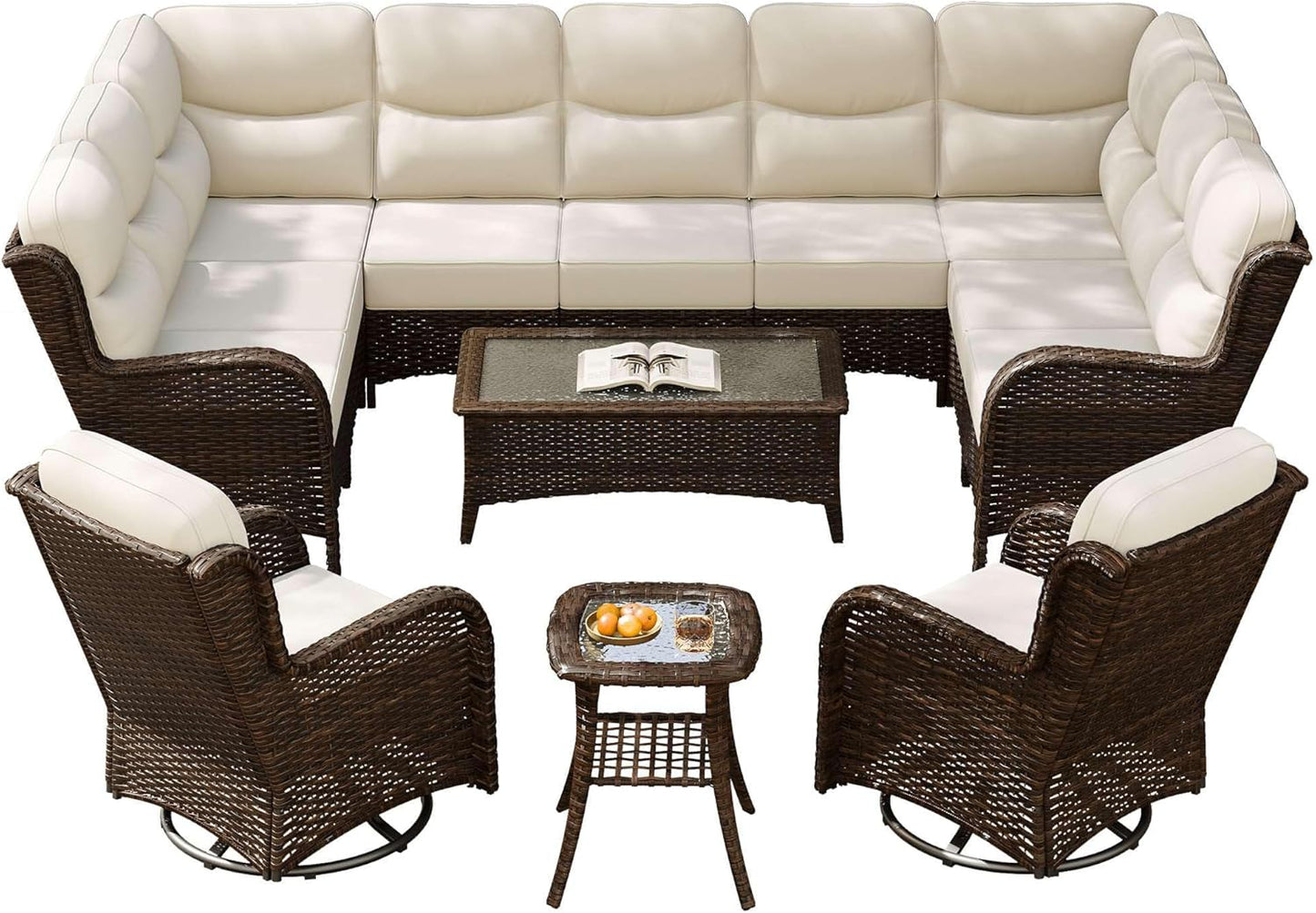 Outdoor Swivel Rocker Patio Chairs with 6-Inch Thick Cushions and Side Table, 3PCS High Back Wicker Patio Furniture Set for Porch, Balcony, Deck and Yard in Blue