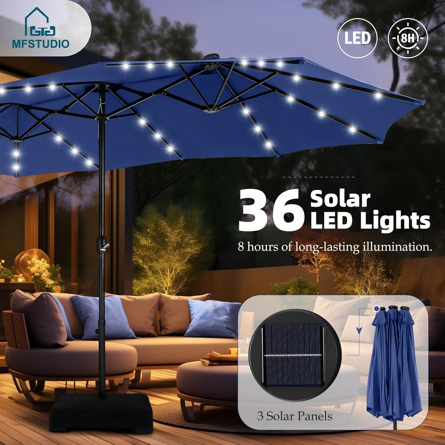 15ft Double Sided Patio Umbrella with Solar Lights, Outdoor Large Umbrellas with Crank Handle and 36 LED Lights, Rectangular Market Umbrella with Base Included for Deck Pool Shade