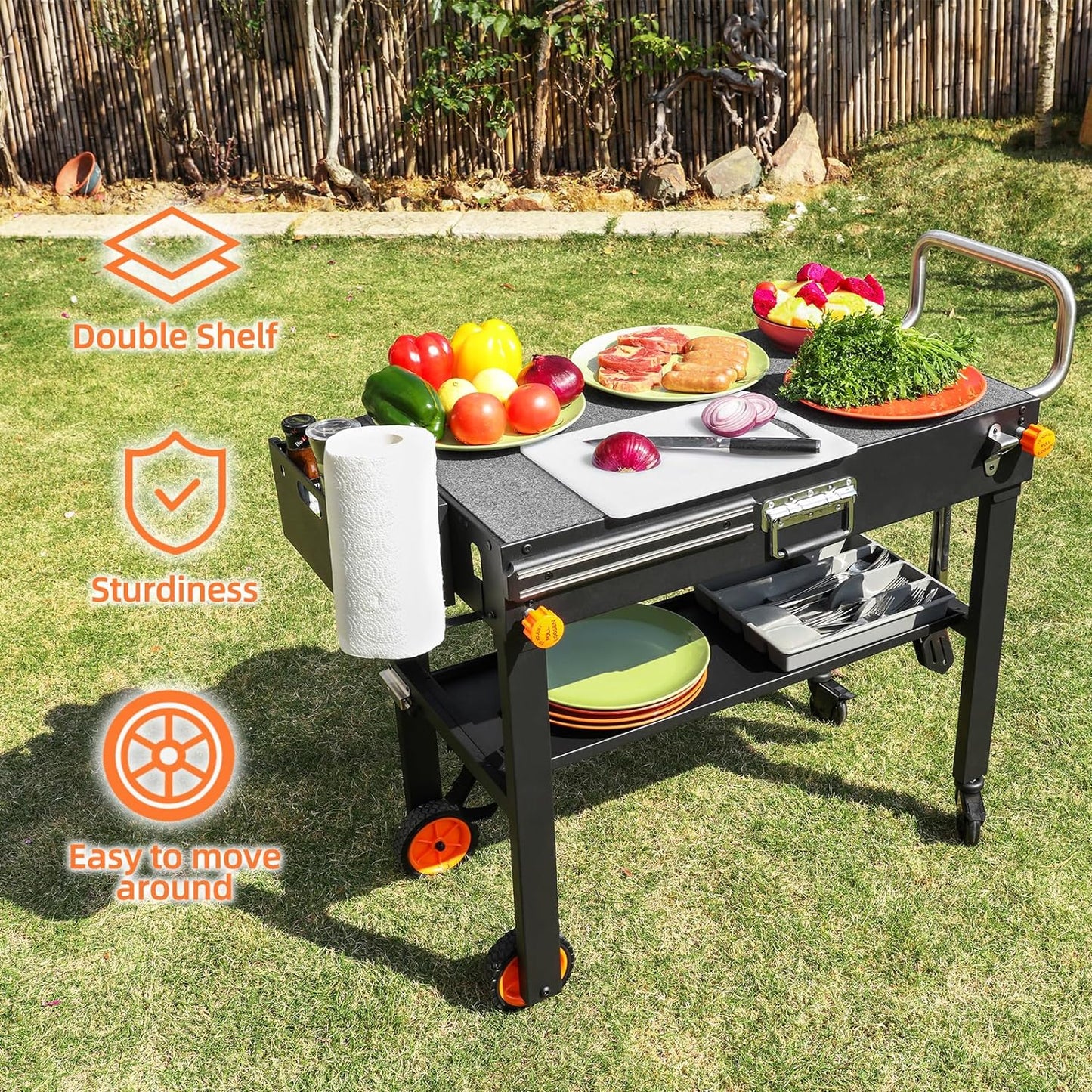 Adjustable 3-Shelf Indoor & Outdoor Grill Table | Portable Work Table with Stainless Steel Tabletop