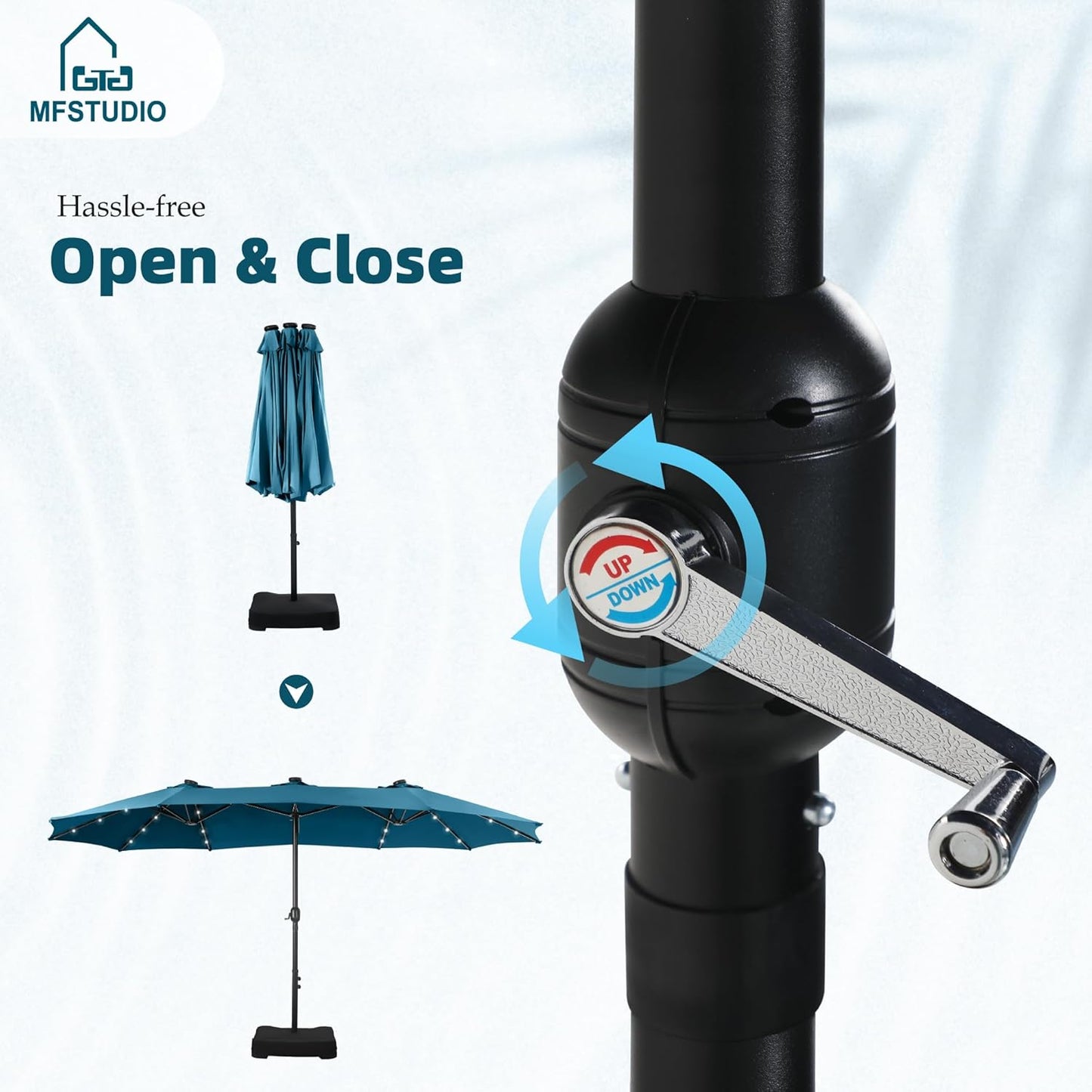 15ft Double Sided Patio Umbrella with Solar Lights, Outdoor Large Umbrellas with Crank Handle and 36 LED Lights, Rectangular Market Umbrella with Base Included for Deck Pool Shade