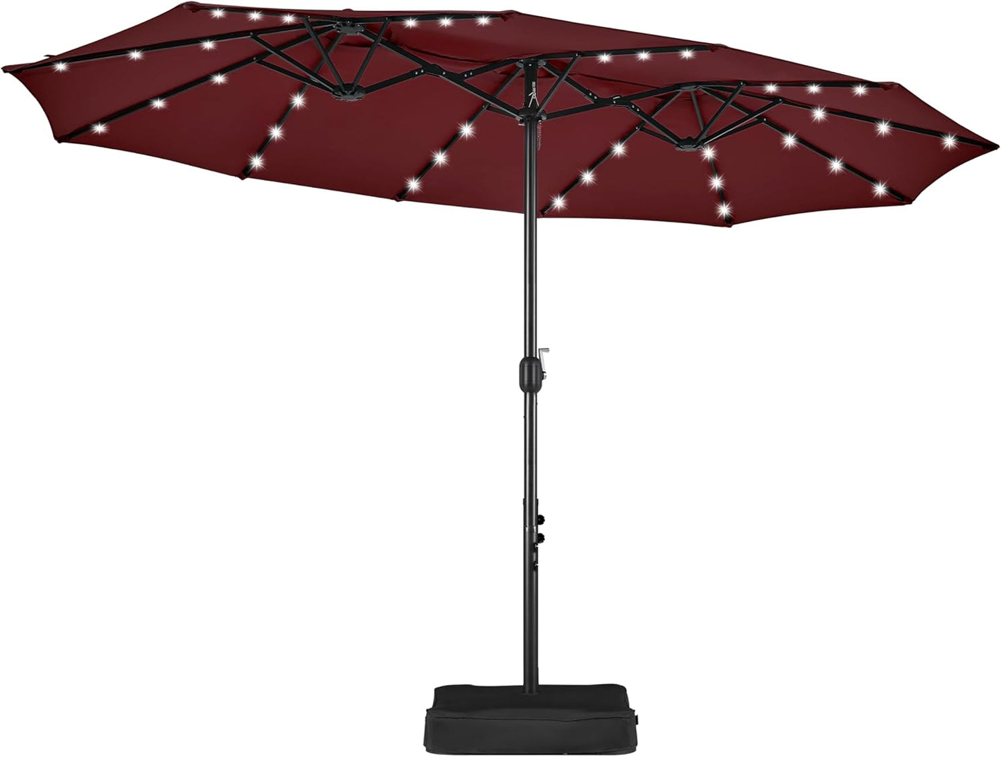 15 ft Large Patio Umbrella with Solar Lights Double-Sided Outdoor Rectangle Market Umbrellas with 36 LED Lights/Base Included/Easy Crank for Patio Garden Yard Pool Lawn, Brown