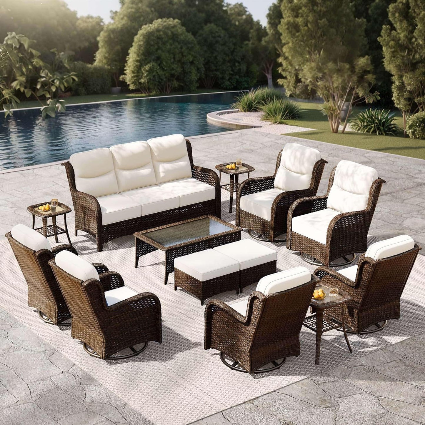 Outdoor Swivel Rocker Patio Chairs with 6-Inch Thick Cushions and Side Table, 3PCS High Back Wicker Patio Furniture Set for Porch, Balcony, Deck and Yard in Blue
