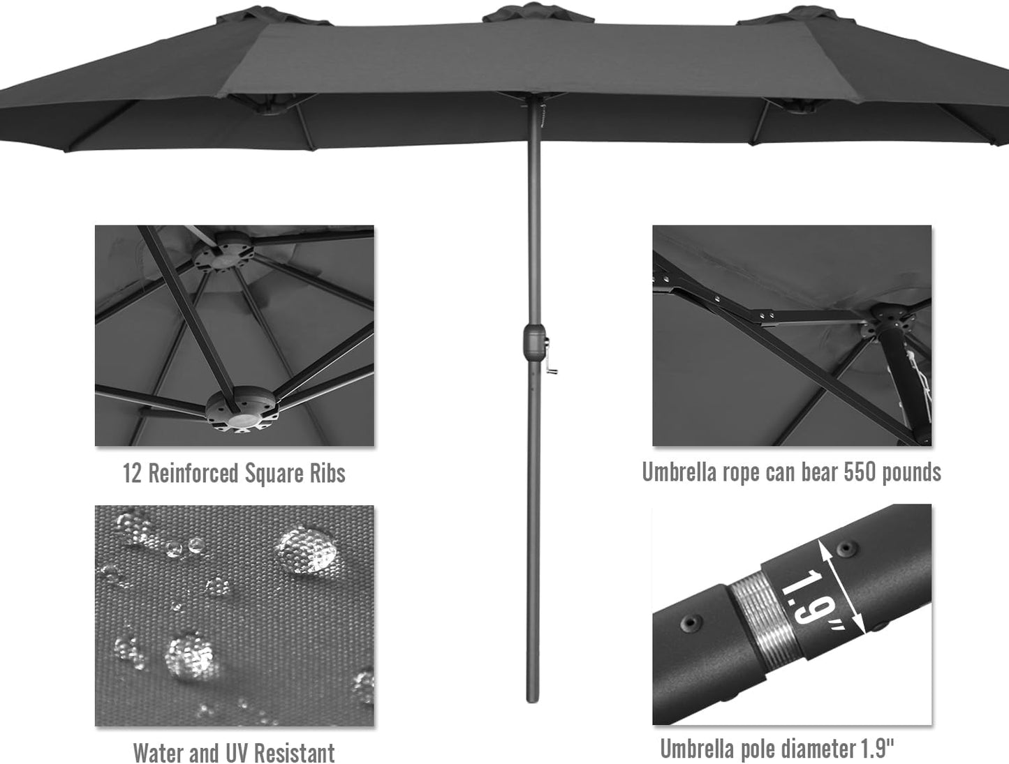 15ft Patio Umbrella with Solar Lights, Large Double Umbrella Outdoor, Rectangle 180''x106'' Umbrellas with 156 PCS LED Lights and Crank Handle for Backyard Deck Pool Shade in Black(1.9" Pole)