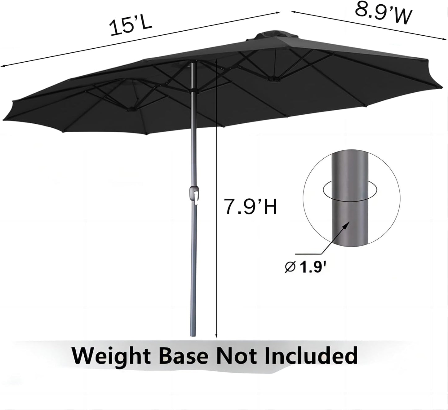 15ft Patio Umbrella with Solar Lights, Large Double Umbrella Outdoor, Rectangle 180''x106'' Umbrellas with 156 PCS LED Lights and Crank Handle for Backyard Deck Pool Shade in Black(1.9" Pole)