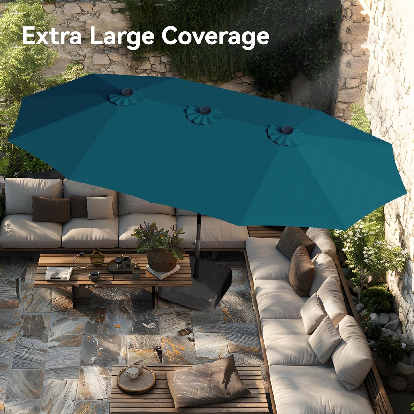 15ft Patio Umbrella Double-Sided Outdoor Market Extra Large Umbrella with Crank, Umbrella Base Included (Dark Red)