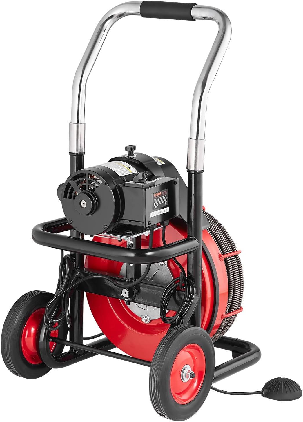 VEVOR Drain Cleaner Machine 100FT x 1/2 Inch, Auto Feed Sewer Snake Auger on Wheels, 550W Portable Drain Cleaning Machine with 8 Cutters & Air-activated Foot Switch for 2" to 4" Pipes