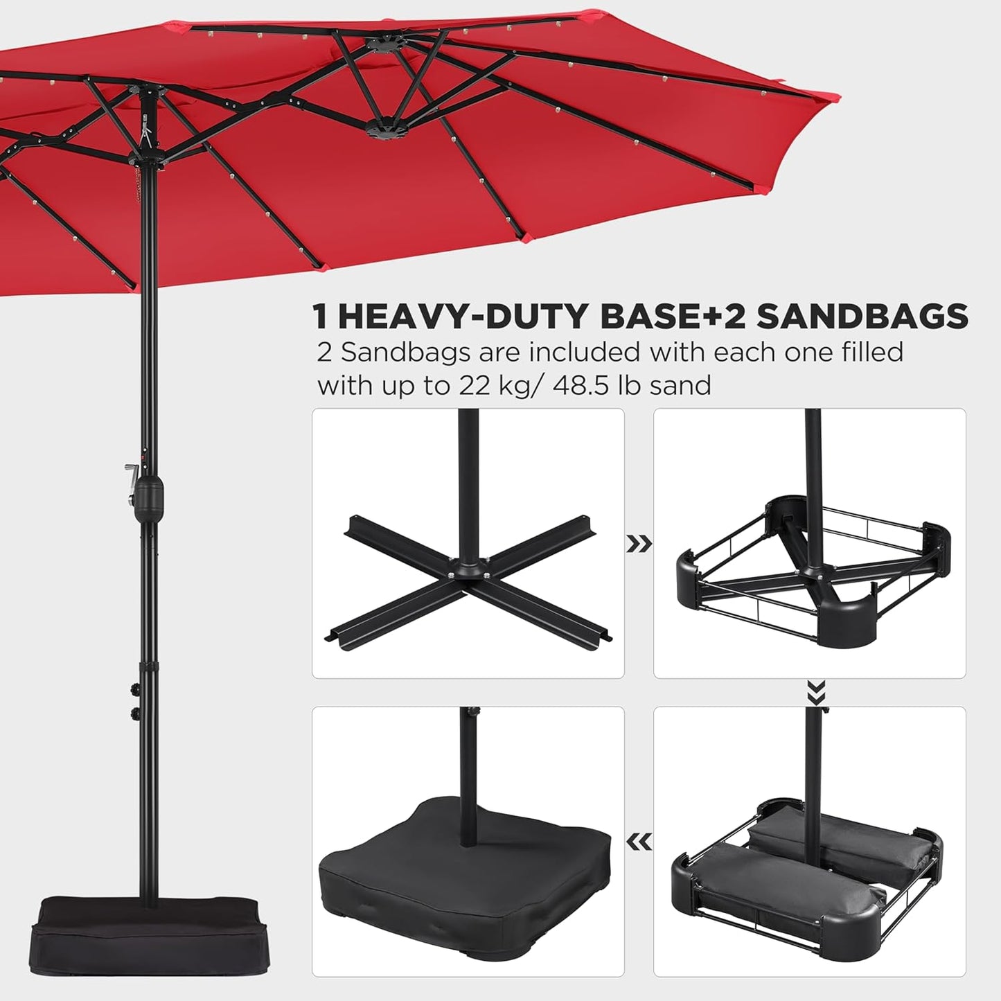 15 ft Large Patio Umbrella with Solar Lights Double-Sided Outdoor Rectangle Market Umbrellas with 36 LED Lights/Base Included/Easy Crank for Patio Garden Yard Pool Lawn, Brown
