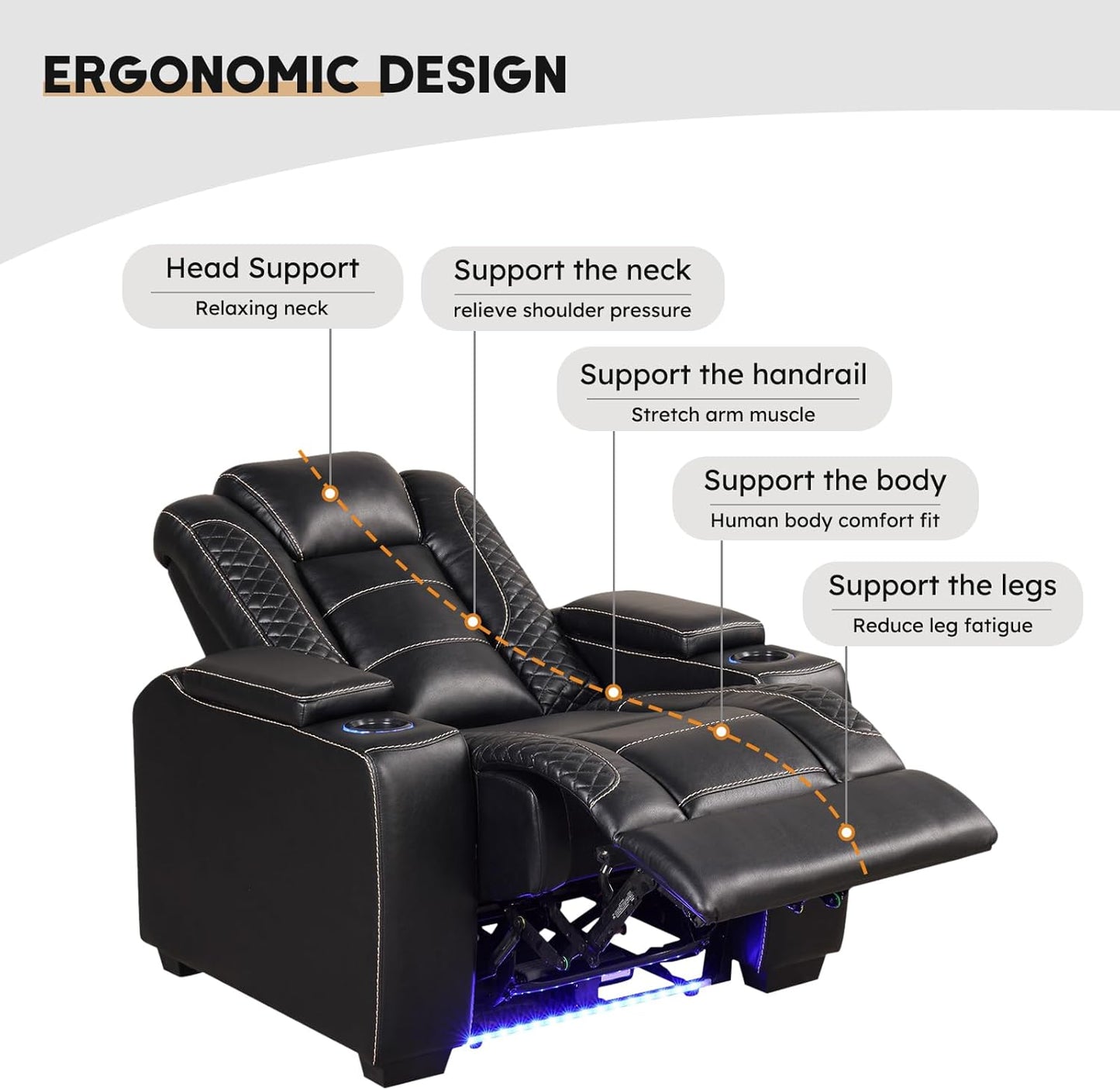 Power Home Theater Seating Set of 3, Brown Faux Leather Electric Recliner Chair with Powered Headrest, Dual Motors Movie Reclining Chairs with LED Lights,USB Port,Cup Holders, Hidden Arm Storage