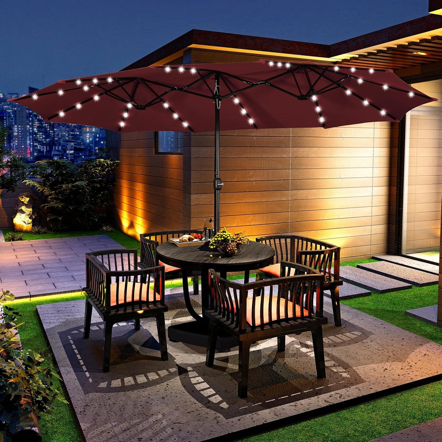 15 ft Large Patio Umbrella with Solar Lights Double-Sided Outdoor Rectangle Market Umbrellas with 36 LED Lights/Base Included/Easy Crank for Patio Garden Yard Pool Lawn, Brown