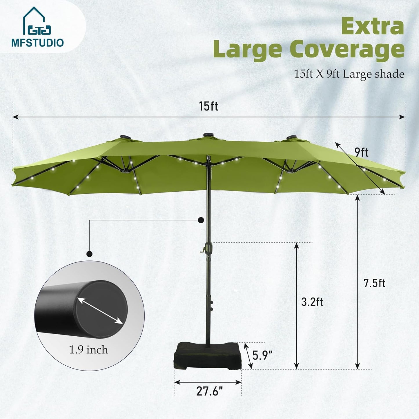 15ft Double Sided Patio Umbrella with Solar Lights, Outdoor Large Umbrellas with Crank Handle and 36 LED Lights, Rectangular Market Umbrella with Base Included for Deck Pool Shade