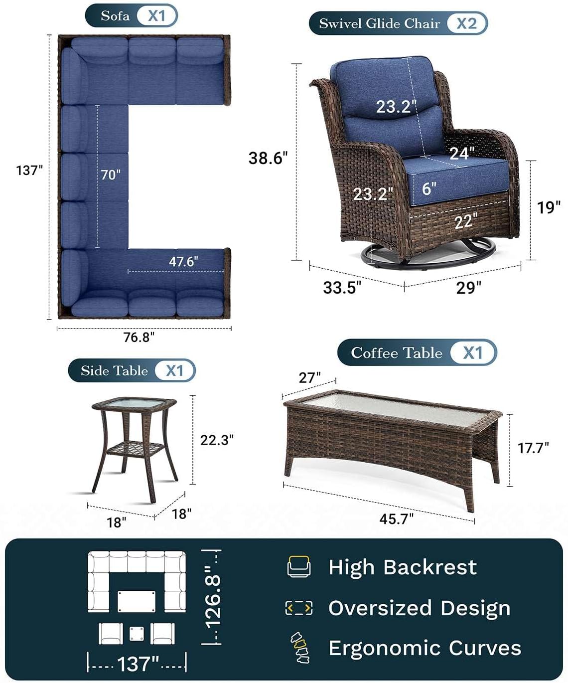 Outdoor Swivel Rocker Patio Chairs with 6-Inch Thick Cushions and Side Table, 3PCS High Back Wicker Patio Furniture Set for Porch, Balcony, Deck and Yard in Blue