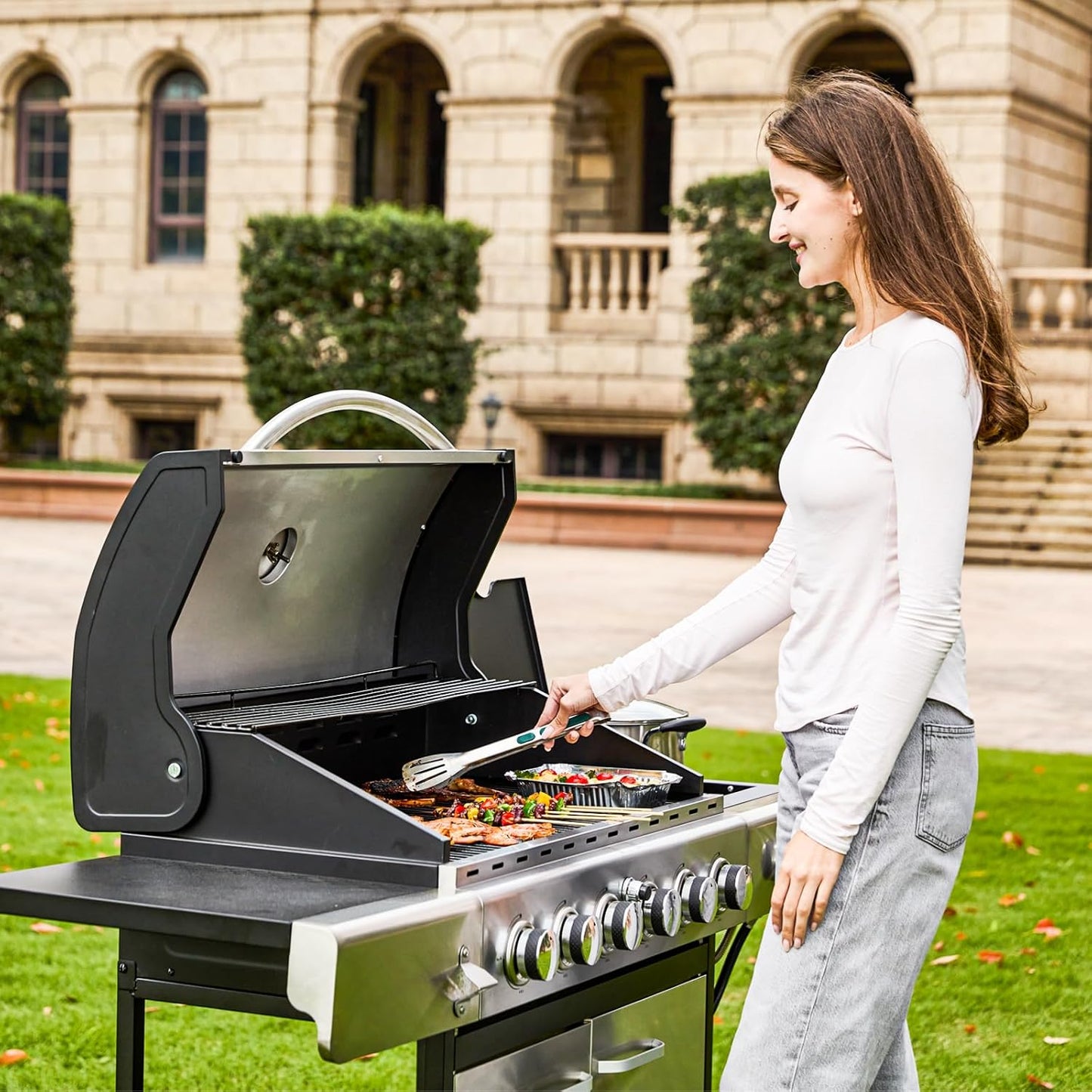 Upgraded 4 Burner BBQ Propane Gas Grill with Cast Iron Grates & Side Stove, 44,000 BTU Stainless Steel Burner Barbecue Grill for Patio, Camping, Outdoor Cooking MELLCOM