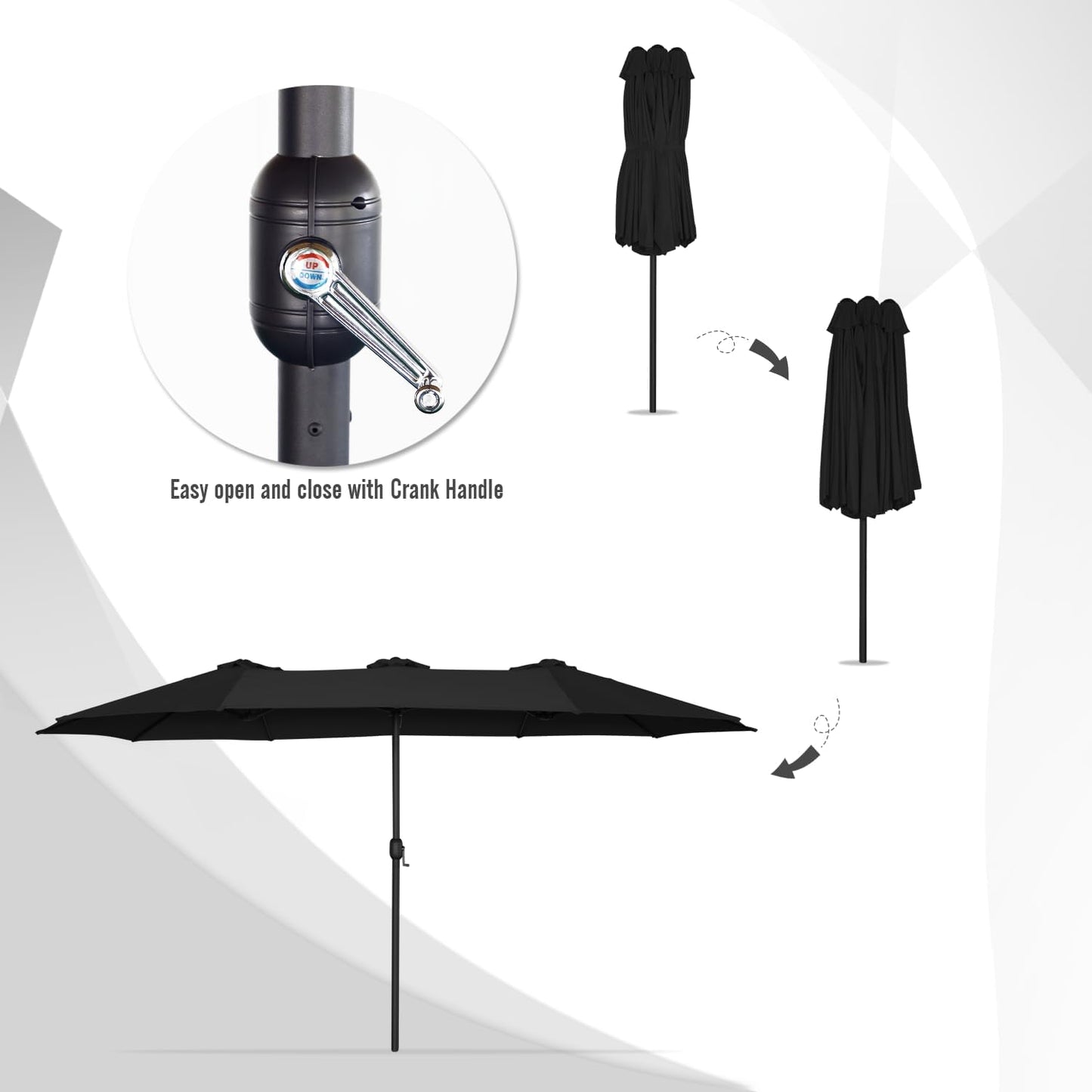 15ft Patio Umbrella with Solar Lights, Large Double Umbrella Outdoor, Rectangle 180''x106'' Umbrellas with 156 PCS LED Lights and Crank Handle for Backyard Deck Pool Shade in Black(1.9" Pole)